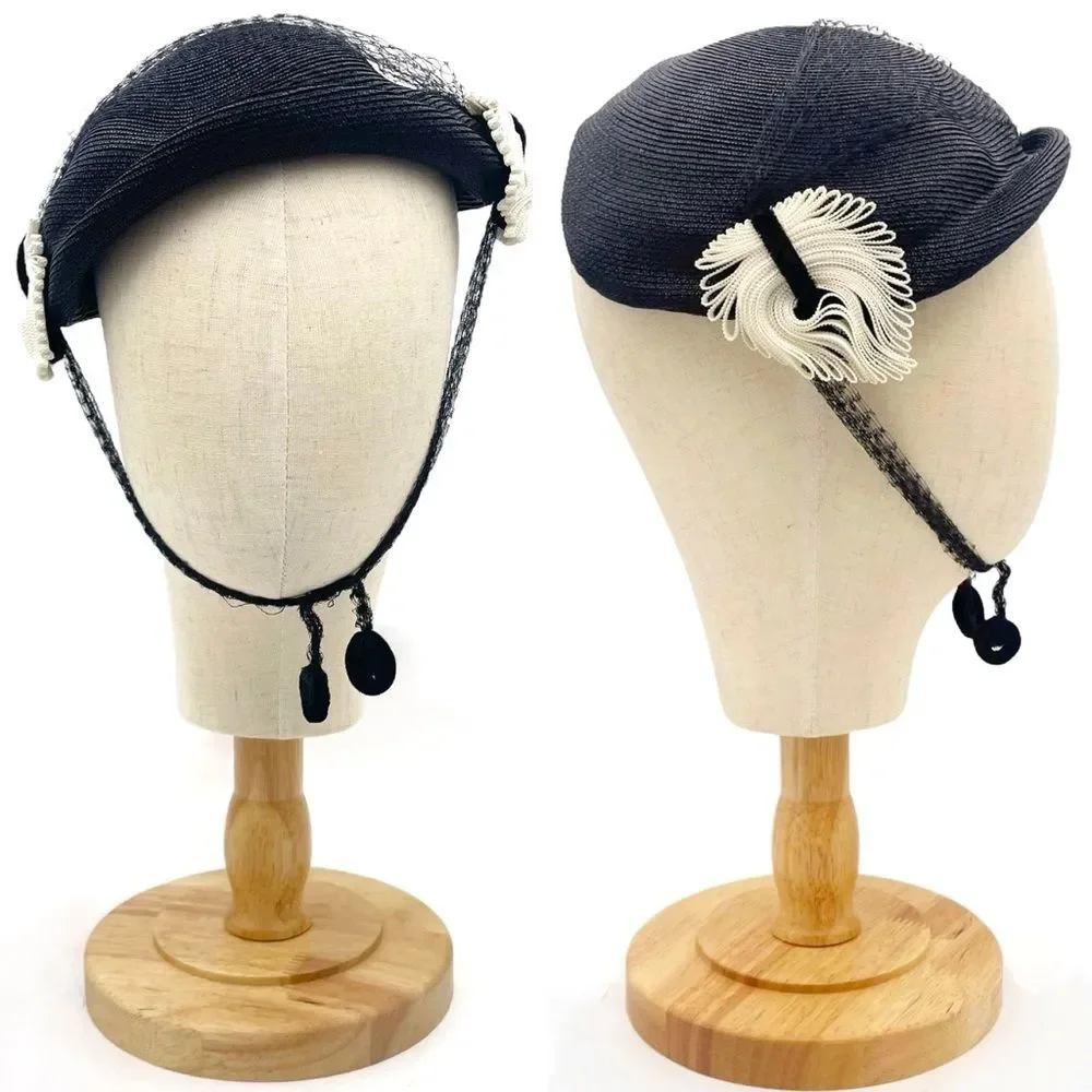 Vintage 50s Tilt Hat Black & Cream Straw Close Style Fascinator Black Mesh Veil - Picture 16 of 16